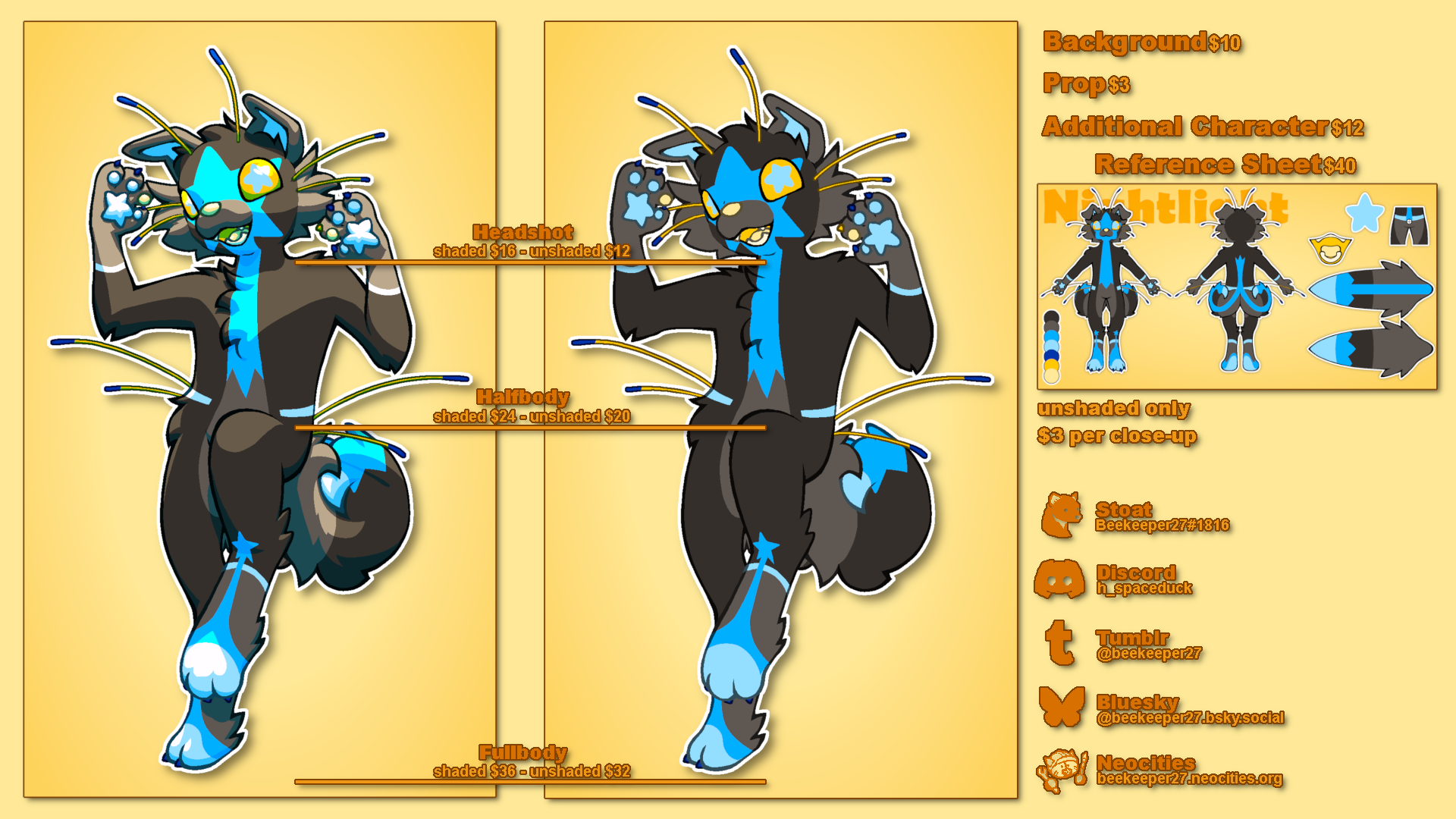 a commissions sheet featuring a blue and gray anthropomorphic dog. The info is as follows: headshot: shaded $16, unshaded $12. halfbody: shaded $24, unshaded $20. fullbody: shaded $36, unshaded $32. background $10. prop $3. additional character $12. reference sheet $40, unshaded only, $3 per close up. Stoat: beekeeper27#1816, Discord: h_spaceduck, tumblr: @beekeeper27, bluesky: @beekeeper27.bluesky.social, neocities: beekeeper27.neocities.org